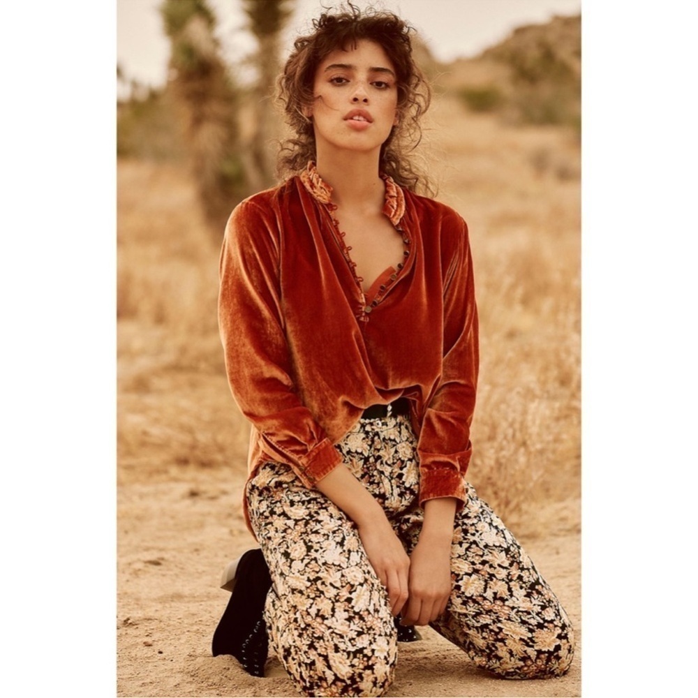 Anthropologie Top Women XS Velvet Orange Long Sleeve Shirt Blouse Kristianne Q